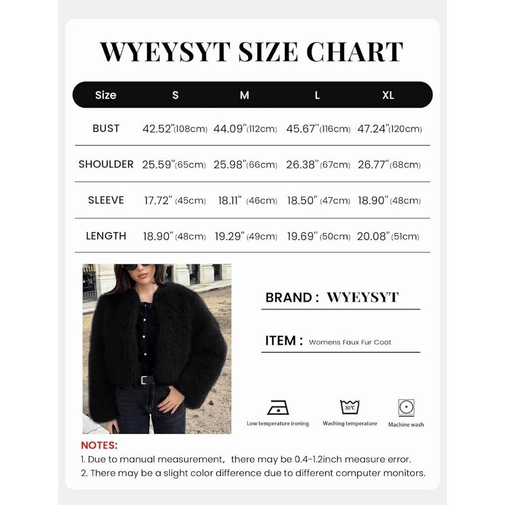 Women's Black Wyeysyt Faux Fur Cropped Coat Fluffy Open Front Warm Winter Jacket - Picture 8 of 8